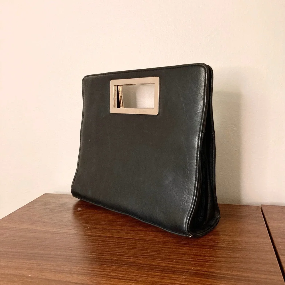 Black Faux Leather Cutout Handle Clutch Bag Y2K Minimalist Organizer Handbag